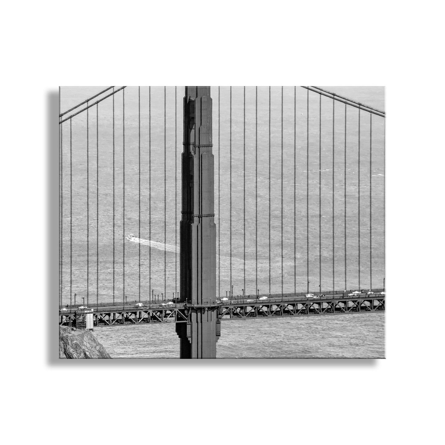 Splendid San Francisco Bay in black &amp; white! My unique picture for your walls: this is San Francisco's gargantuan Golden Gate Bridge, with a puny powerboat beneath it. Original, signed art by Murray Bolesta!