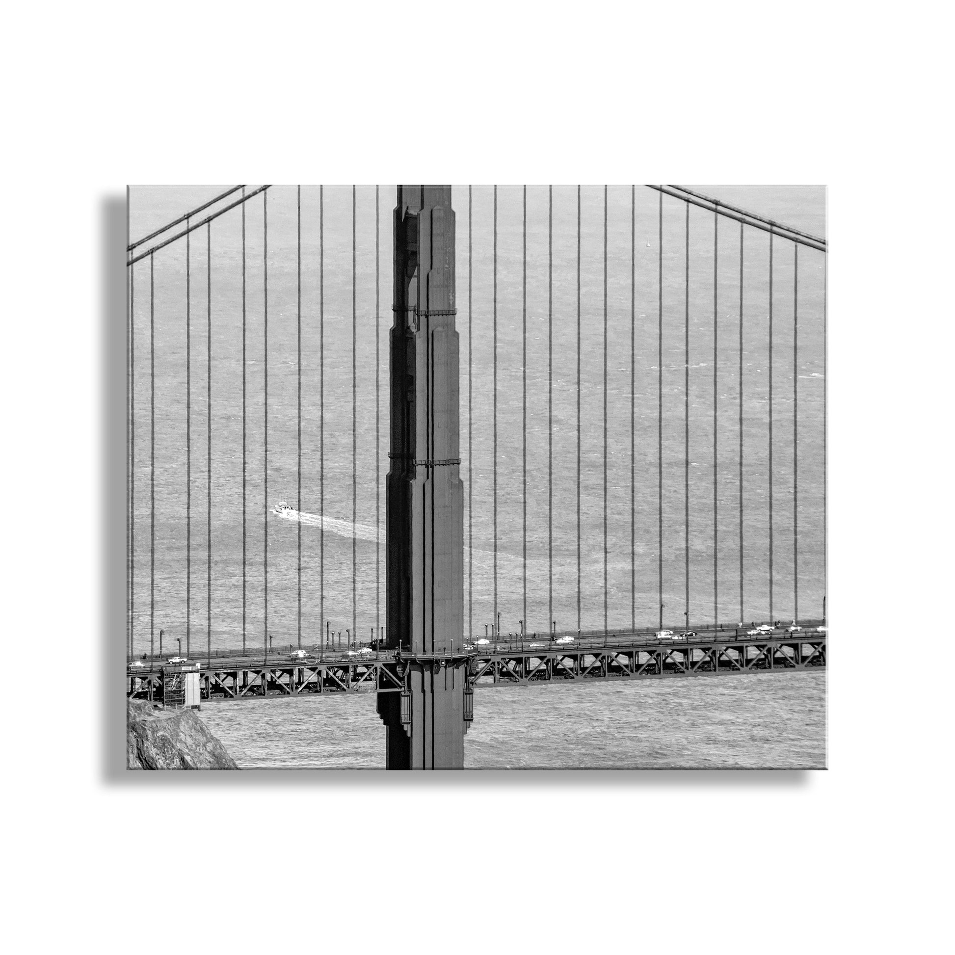 Splendid San Francisco Bay in black &amp; white! My unique picture for your walls: this is San Francisco's gargantuan Golden Gate Bridge, with a puny powerboat beneath it. Original, signed art by Murray Bolesta!