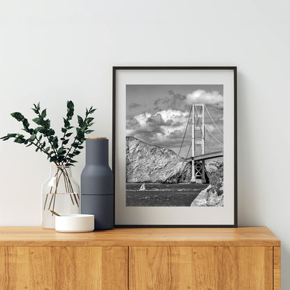 Black and White Golden Gate Bridge Sailing Photograph as Bay Area Coastal Art