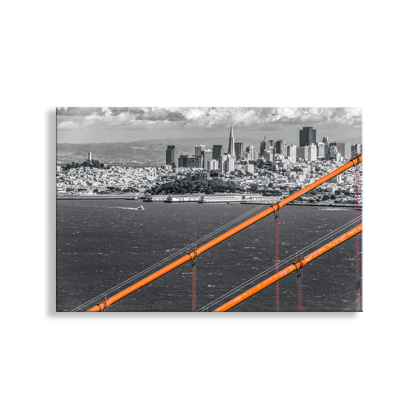 City skyline with a prominent orange structure, likely a bridge, in the foreground. My San Francisco California artwork with the Golden Gate Bridge for your walls! My sweeping San Francisco Bay photo art skyline: the fabulous 1937 Golden Gate Bridge, framing everyone's favorite city. A tour boat motors in the distance. Original, unique signed art by Murray Bolesta!