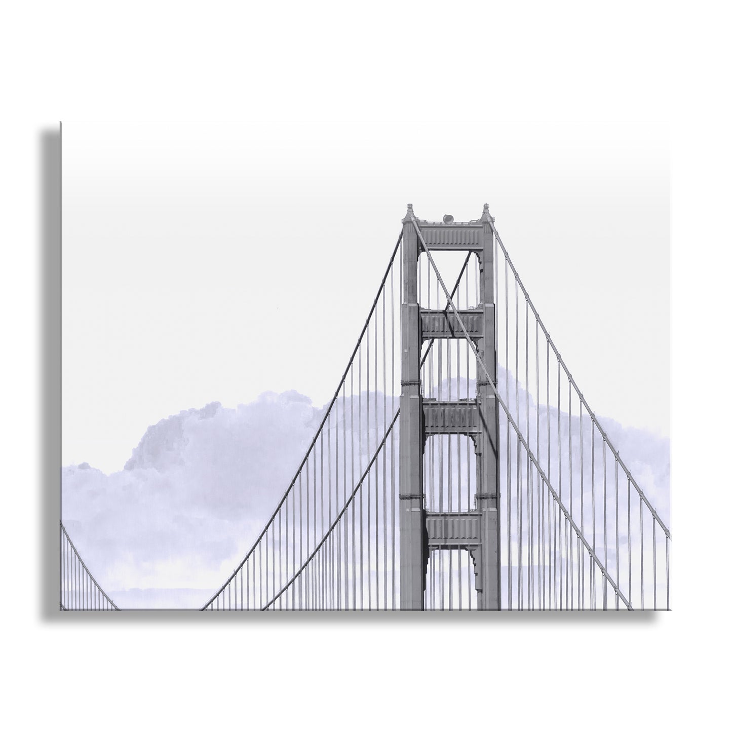 Black and white illustration of the Golden Gate Bridge with a light purple sky. Unique art! My elegant Golden Gate minimalism for your viewing pleasure! This colossal 1937 structure is symbolic of so much of American history and aspirations, and is a vision of grace in steel. Original signed art by Murray Bolesta!