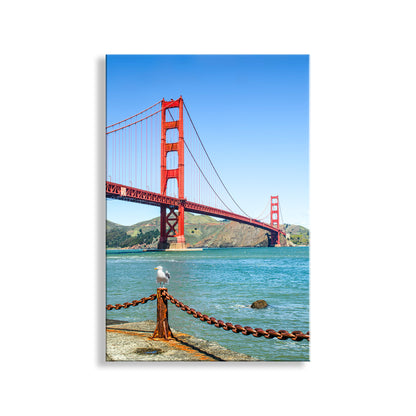 Golden Gate Bridge with a seagull on a railing in the foreground. My Golden Gate art print with seagull bird for your walls! This is Fort Point at Presidio National Park, the center of the universe so far as I'm concerned. Original, unique signed art by Murray Bolesta.