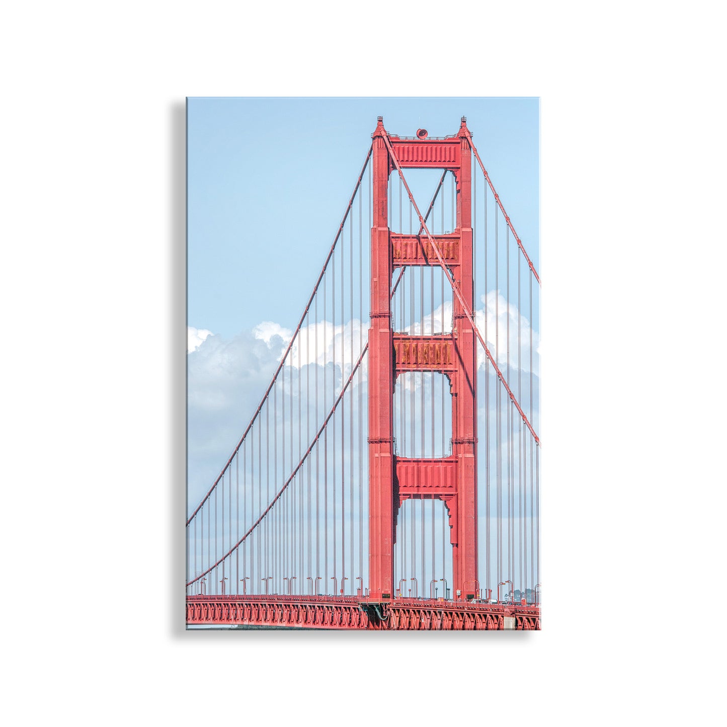 Red Golden Gate Bridge against a blue sky with white clouds. My splendid San Francisco Golden Gate Bridge photo in minimalist style! Here's the famous shape of an icon of the City by the Bay, in a muted orange for your pleasure.&nbsp; Original, unique signed art by Murray Bolesta.