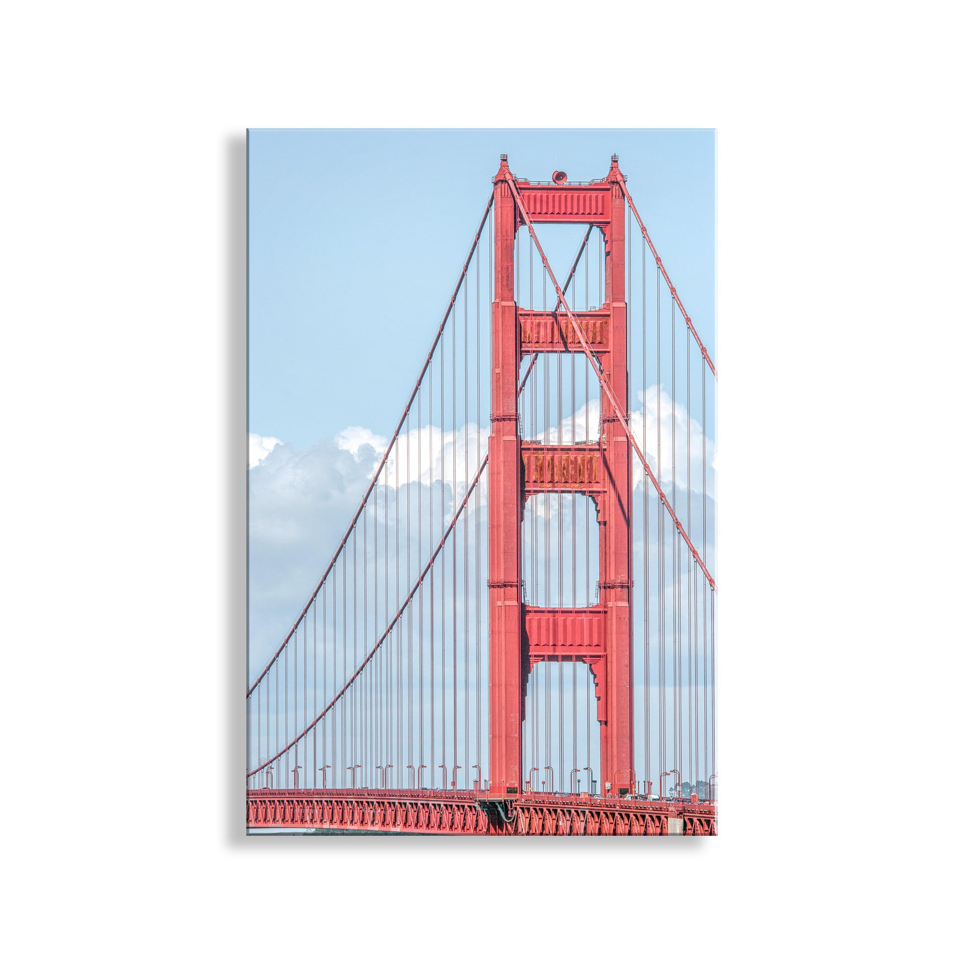 Red Golden Gate Bridge against a blue sky with white clouds. My splendid San Francisco Golden Gate Bridge photo in minimalist style! Here's the famous shape of an icon of the City by the Bay, in a muted orange for your pleasure.&nbsp; Original, unique signed art by Murray Bolesta.