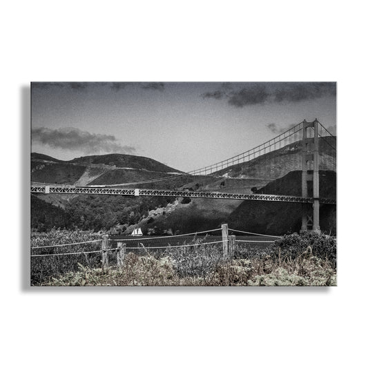 Mighty Marin Headlands! My unique Golden Gate Bridge art for your walls: the giant bridge at the center of a scene with Marin County and a graceful sailboat. I captured this image from the precious restored dunes &amp; native wildflowers of the Presidio of San Francisco National Park! This photograph features muted gray tones with a hint of color, and artful grain. Original, unique signed art by Murray Bolesta.