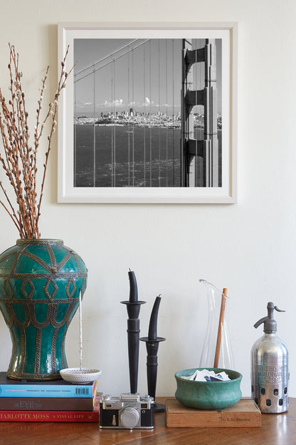 San Francisco Art Print with Golden Gate Bridge in Black and White | Square Wall Art Decor