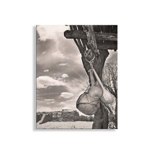 Adobe Church Art Print with Southwestern Gourds and Ocotillo Ramada