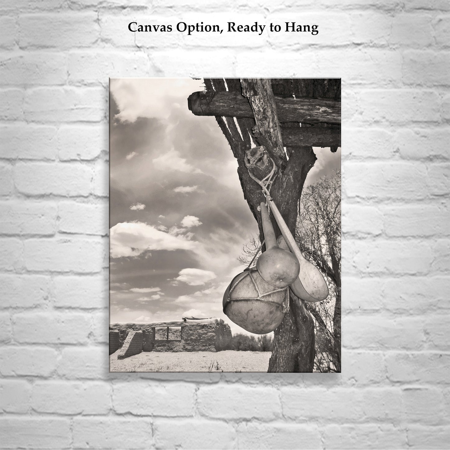 Adobe Church Art Print with Southwestern Gourds and Ocotillo Ramada