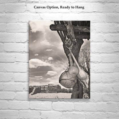 Adobe Church Art Print with Southwestern Gourds and Ocotillo Ramada