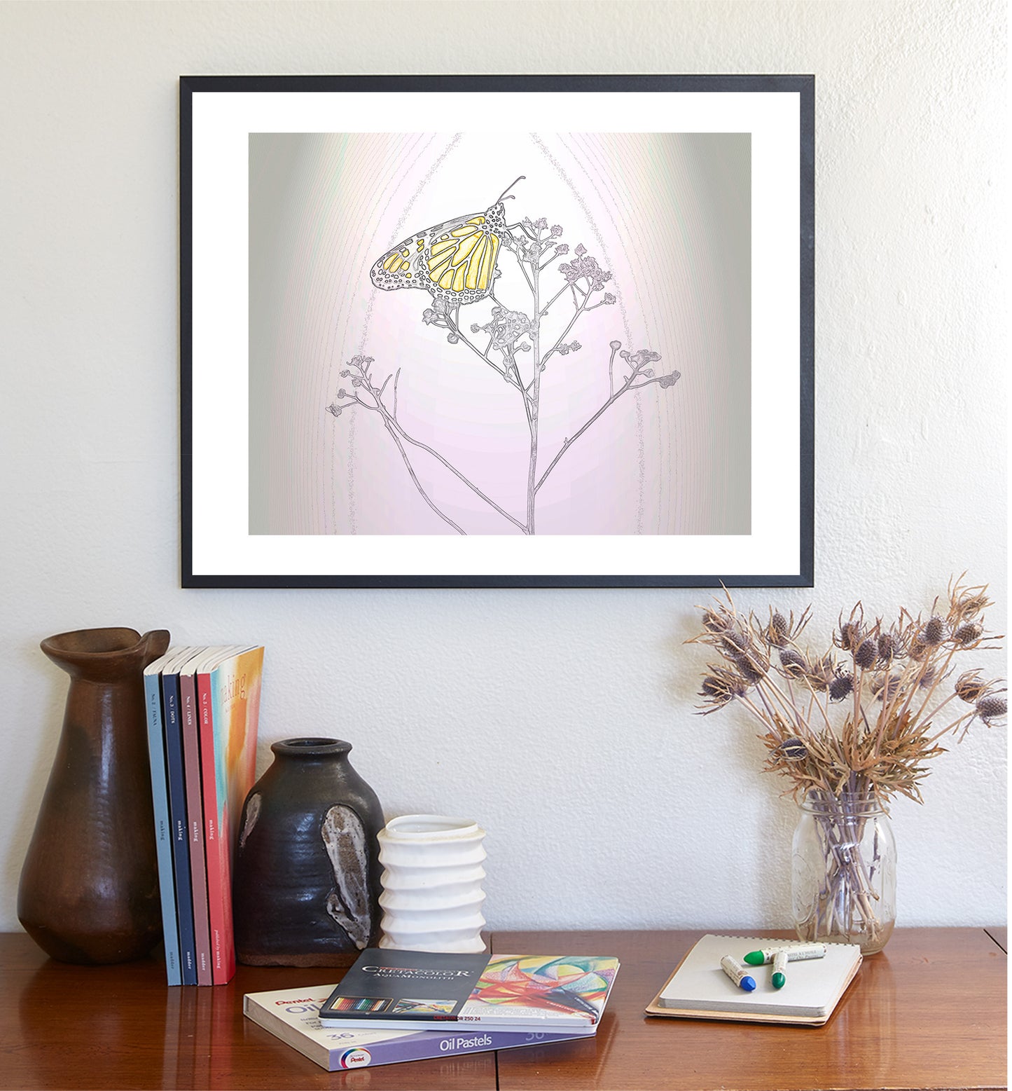 Monarch Butterfly Art Print in Pastel Abstract Minimalist Style