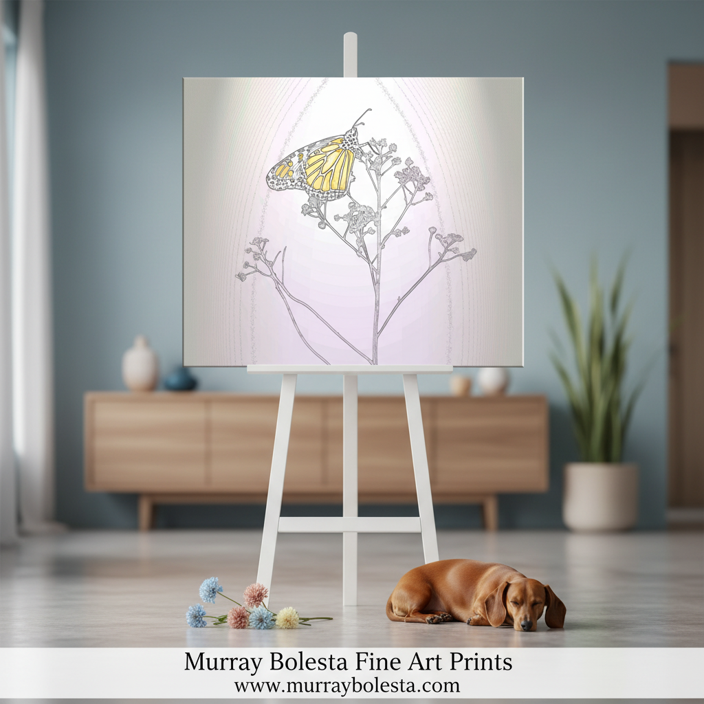 Butterfly on a branch with flowers against a light background. Monarch Butterfly Art Print in Pastel Abstract Minimalist Style by Murray Bolesta