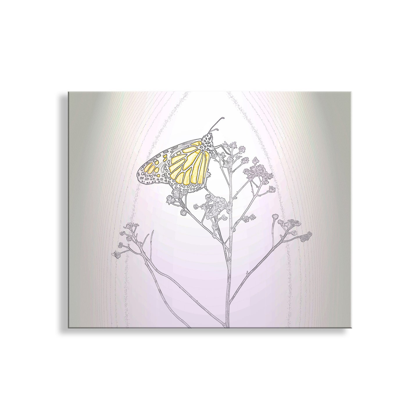 Butterfly on a branch with flowers against a light background. Monarch Butterfly Art Print in Pastel Abstract Minimalist Style