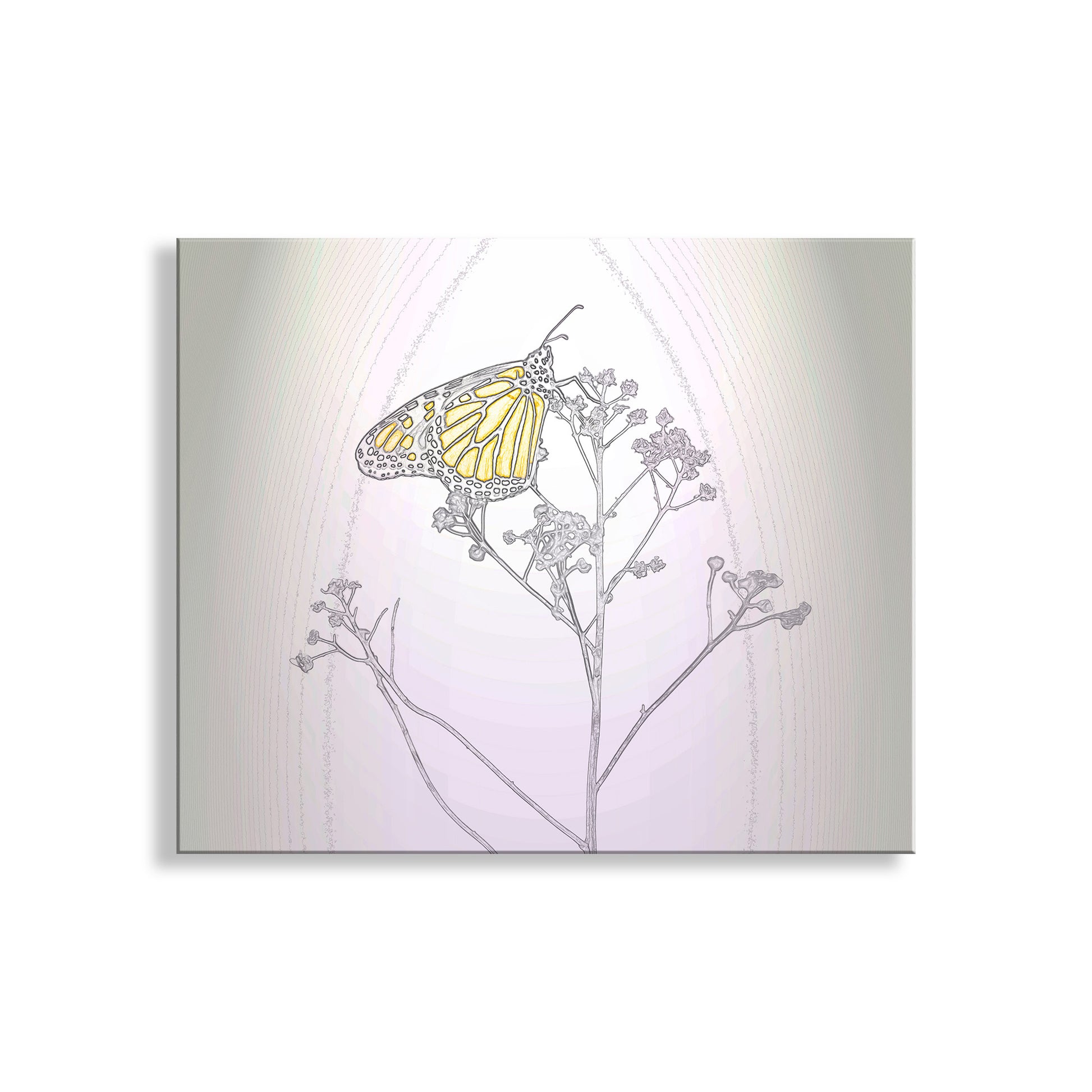 Butterfly on a branch with flowers against a light background. Monarch Butterfly Art Print in Pastel Abstract Minimalist Style