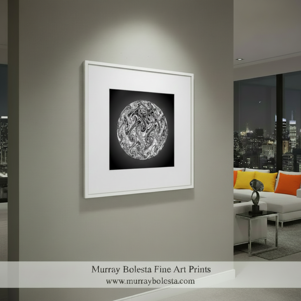 Abstract black and white sphere design on a black background by Murray Bolesta