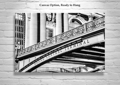 Black and white image of Grand Central Terminal with decorative elements on a textured wall. Grand Central Station in Black & White as New York City Art Gift