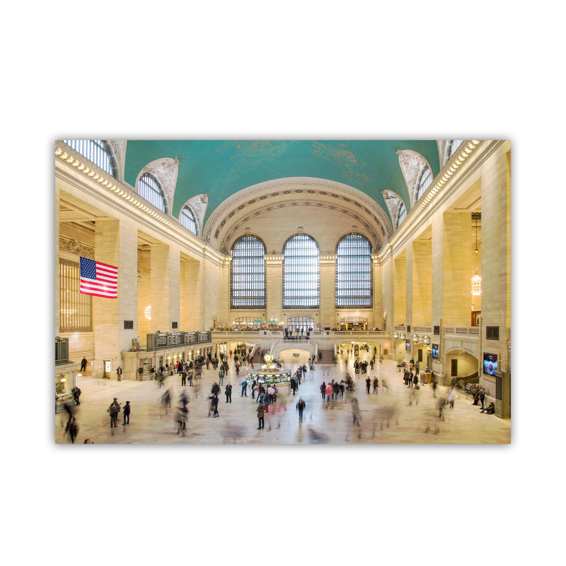Grand Central Terminal with people walking around, American flag on wall, and large windows. Grand Central Station People Photography – Iconic Manhattan NYC Art Print