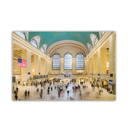 Grand Central Terminal with people walking around, American flag on wall, and large windows. Grand Central Station People Photography – Iconic Manhattan NYC Art Print