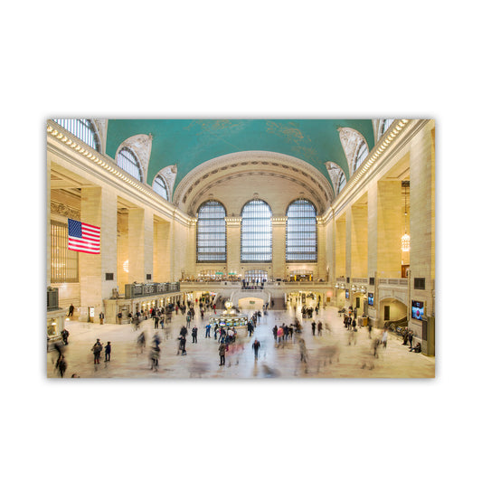 Grand Central Terminal with people walking around, American flag on wall, and large windows. Grand Central Station People Photography – Iconic Manhattan NYC Art Print
