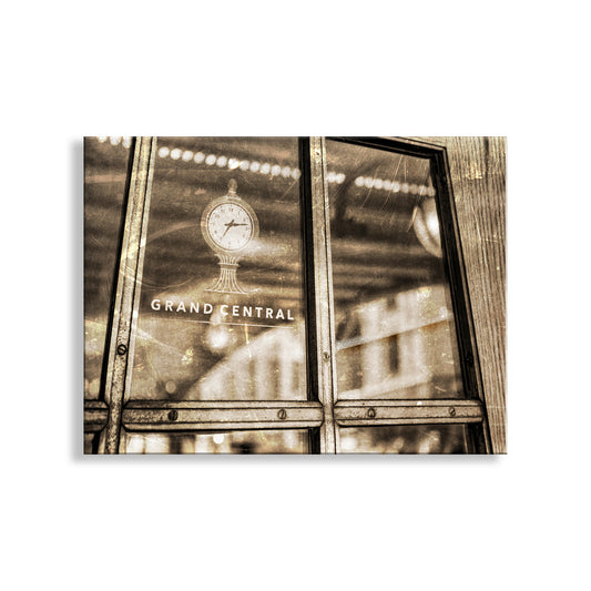 Sepia-toned image of a train passing through a station with 'Grand Central' visible. Grand Central Station Photograph in Vintage Style | New York City Wall Decor