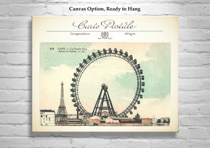 Vintage Art Print of Paris Ferris Wheel and Eiffel Tower | French Wall Decor Gift for Home or Office