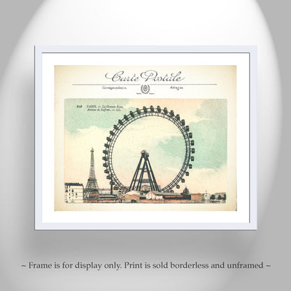 Vintage Art Print of Paris Ferris Wheel and Eiffel Tower | French Wall Decor Gift for Home or Office