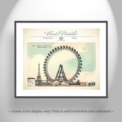 Vintage Art Print of Paris Ferris Wheel and Eiffel Tower | French Wall Decor Gift for Home or Office