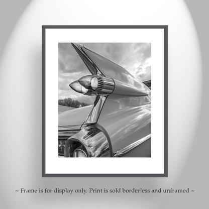Cadillac Picture as Classic Automobile Wall Art with Tail Fins in Black and White