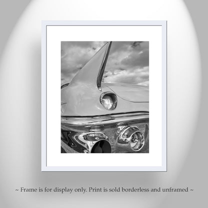 Black and White Cadillac Photo Art Print with Tail Fins
