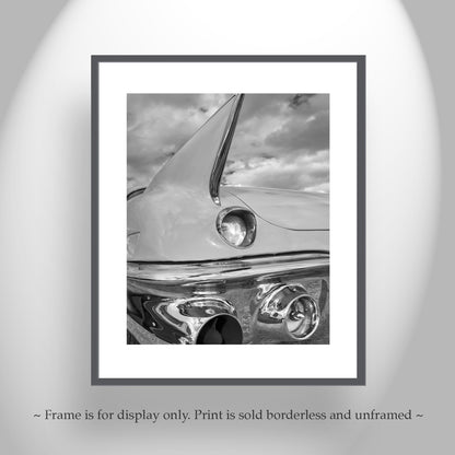 Black and White Cadillac Photo Art Print with Tail Fins