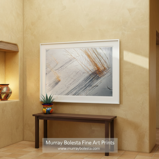 a serene landscape with a sandy beach and tall grasses swaying in the breeze. Abstract Minimalist Desert Art - New Mexico Gypsum Sand Dunes by Murray Bolesta