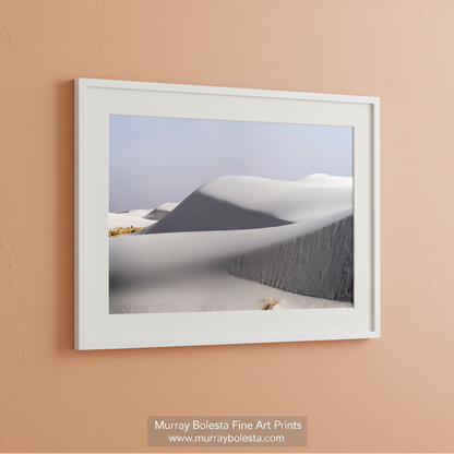 A vast expanse of snow-covered dunes stretches out under a clear blue sky, with a few small shrubs visible in the foreground. White Sand Dunes National Park Art - New Mexico Landscape Photography by Murray Bolesta
