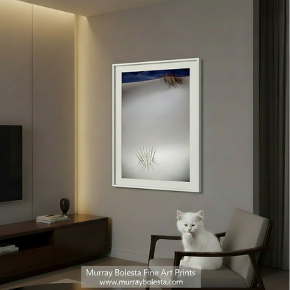 Walls of white sand with a small bush on top, under a blue sky. White Sands Night Desert Photo - New Mexico Minimalist Wall Art by Murray Bolesta