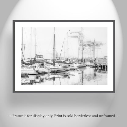 Oakland Harbor Crane Art | Jack London Square Sailboat Black & White Photo