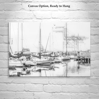 Oakland Harbor Crane Art | Jack London Square Sailboat Black & White Photo