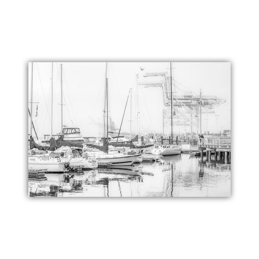 Black and white photograph of sailboats docked in a harbor. Oakland Harbor Crane Art Print | Jack London Square Black & White Photo