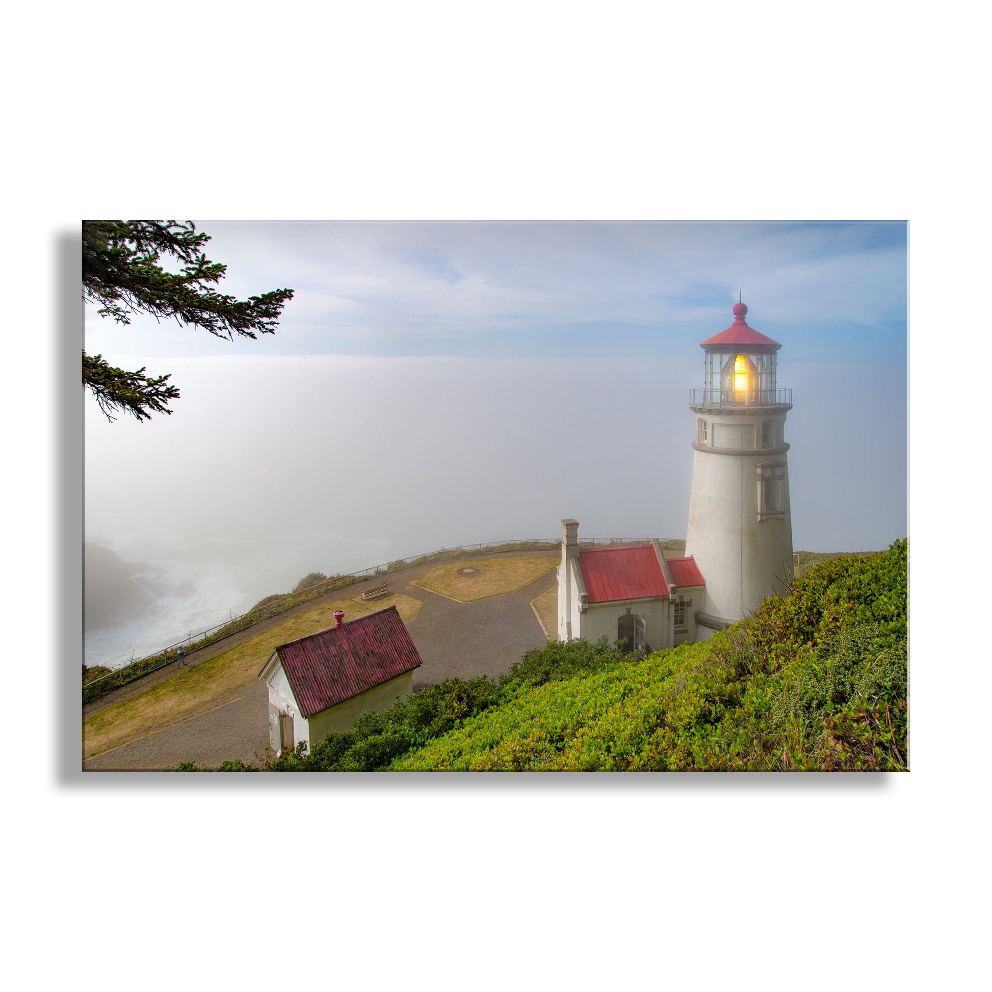 Lighthouse with a red roof on a foggy day. Heceta Head Oregon Lighthouse Photograph | Pacific Northwest Art