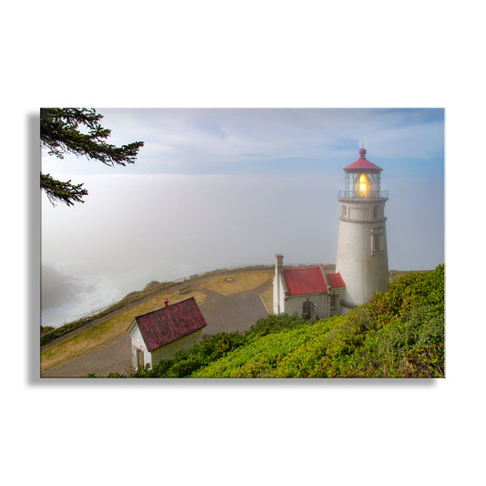 Lighthouse with a red roof on a foggy day. Heceta Head Oregon Lighthouse Photograph | Pacific Northwest Art