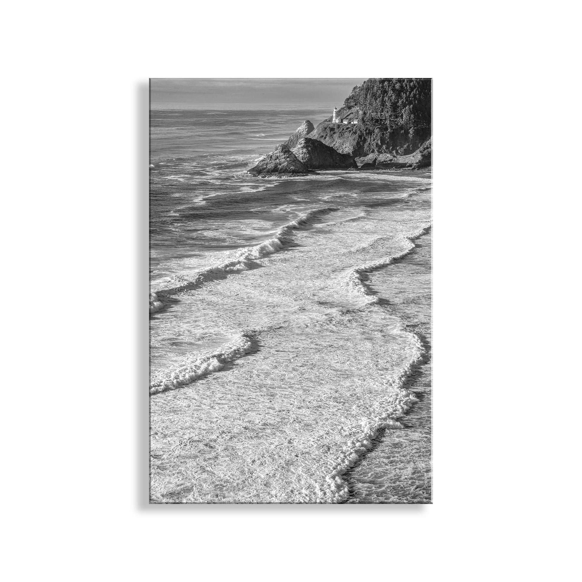 Black and white photo of a beach with waves and cliffs. My outstanding Oregon, USA, seacoast picture at Heceta Head! Original, unique signed art by Murray Bolesta.