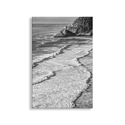 Black and white photo of a beach with waves and cliffs. My outstanding Oregon, USA, seacoast picture at Heceta Head! Original, unique signed art by Murray Bolesta.