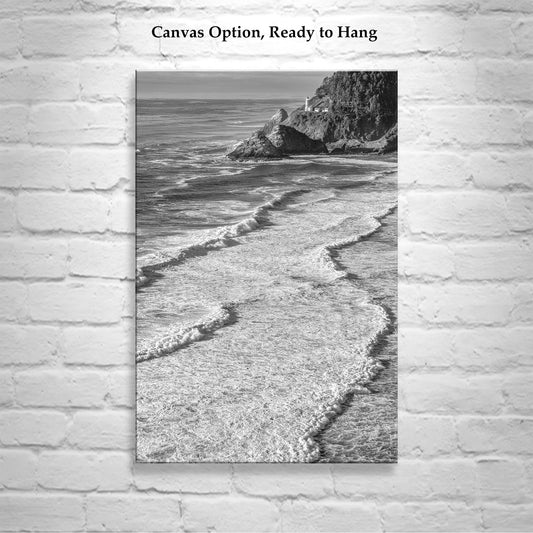 West Coast Lighthouse Art Print at Heceta Head Oregon in Black and White