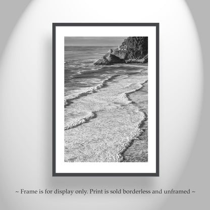 West Coast Lighthouse Art Print at Heceta Head Oregon in Black and White