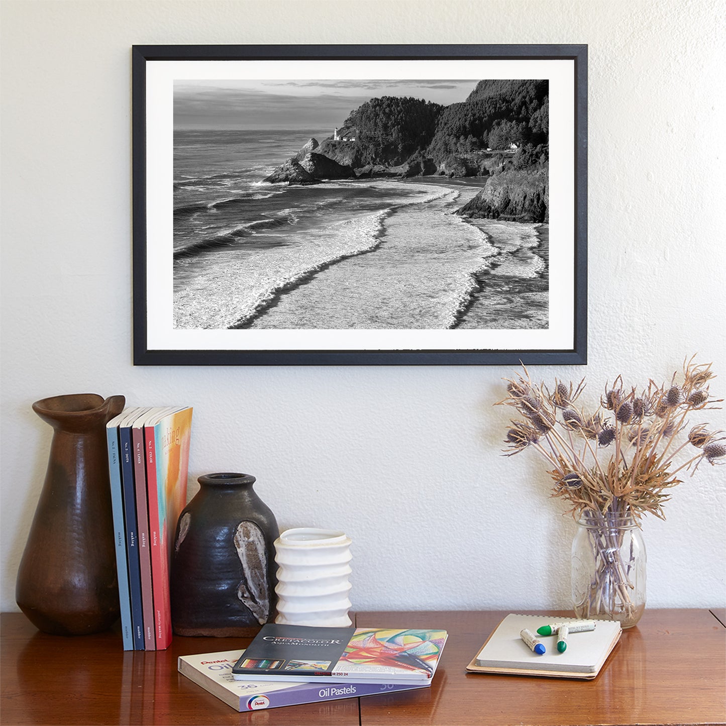 Black and White Oregon Coast Lighthouse Photo as Wall Decor