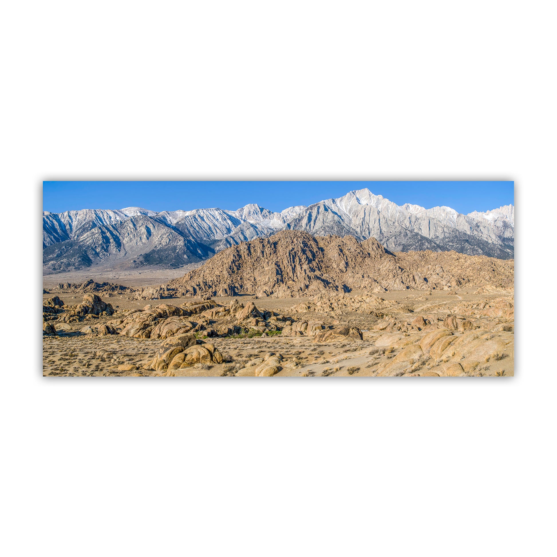 Panoramic view of a desert landscape with mountains in the background. Panoramic Owens Valley California Desert Landscape Art