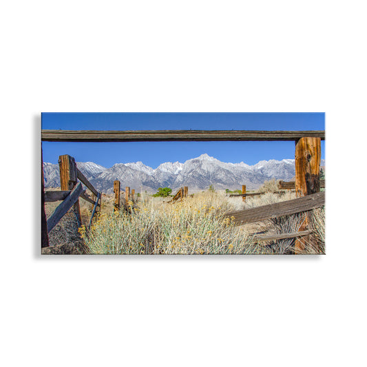 Wooden fence with a scenic view of mountains and blue sky. Mt Whitney Western Photo Art | Sierra Nevada Mountains Landscape Panorama