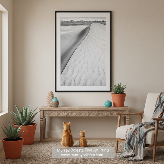 Black and white photograph of a desert landscape featuring a large sand dune. Imperial Sand Dunes at Glamis by Murray Bolesta!