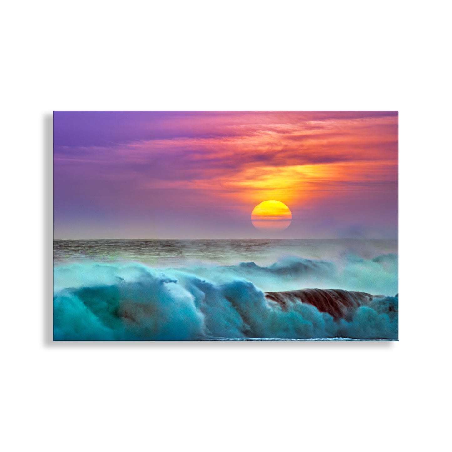 Sunset over the ocean with colorful sky and crashing waves. Jalama Beach California Sunset Artwork | Coast Wall Decor