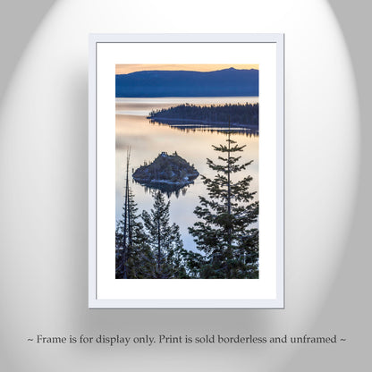 Lake Tahoe Photography Art Print with Emerald Bay Sunrise | Ponderosa Pine Tree Silhouette | Vertical Tahoe Wall Decor Gift
