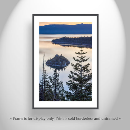 Lake Tahoe Photography Art Print with Emerald Bay Sunrise | Ponderosa Pine Tree Silhouette | Vertical Tahoe Wall Decor Gift
