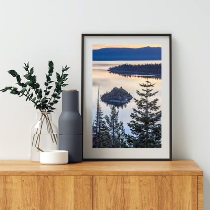 Lake Tahoe Photography Art Print with Emerald Bay Sunrise | Ponderosa Pine Tree Silhouette | Vertical Tahoe Wall Decor Gift