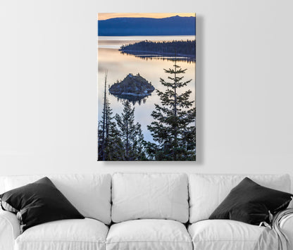 Lake Tahoe Photography Art Print with Emerald Bay Sunrise | Ponderosa Pine Tree Silhouette | Vertical Tahoe Wall Decor Gift